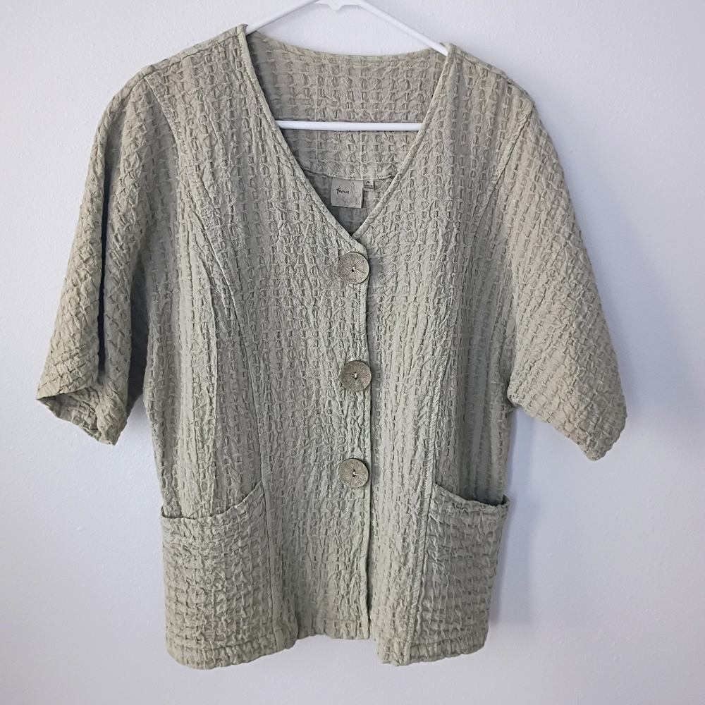 Textured Button-Front Short Sleeve Shirt Jacket - Sage